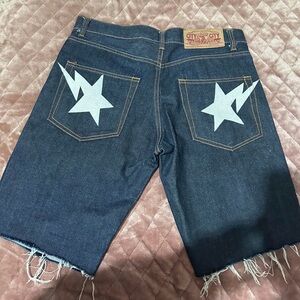 Bape Dark Blue Denim Star Pocket Cutoff Shorts